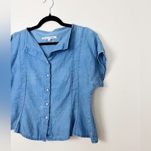Vintage Linen ‘Alexia von Beck’ Chambray Blue Button Blouse Down Box Fit Top